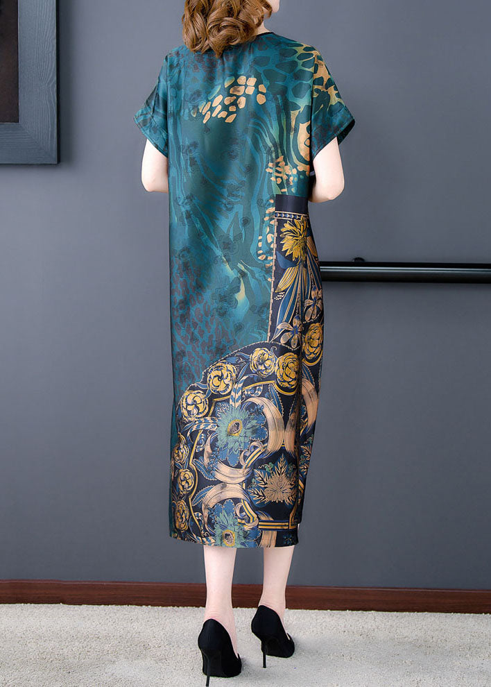 Green V Neck Print Patchwork Silk Dress Summer