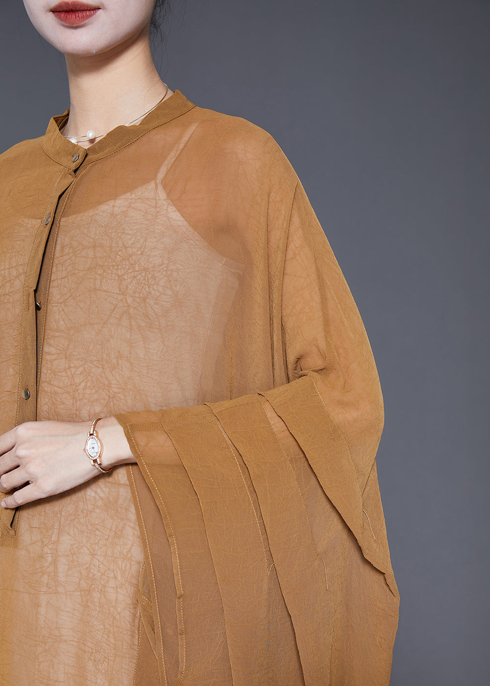 Khaki Oversized Wrinkled Chiffon Upf 50+ Long Smock Summer
