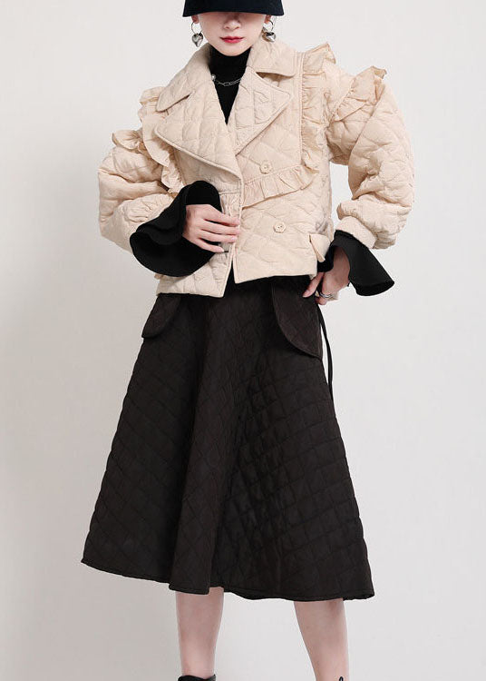 Khaki Peterpan Collar Button Ruffled Tie Waist Winter Cotton Long Sleeve Coat