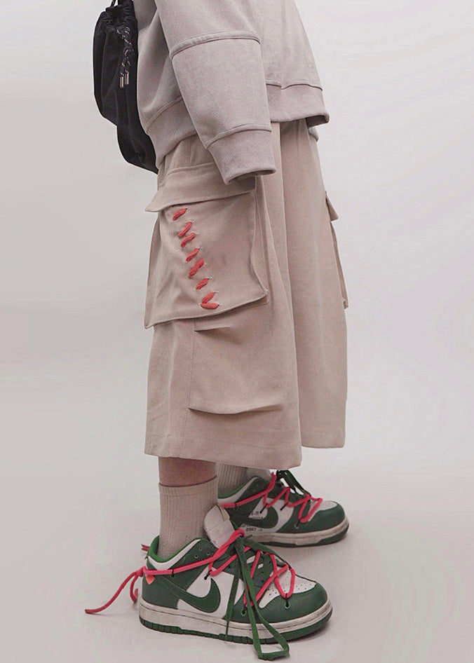 Khaki Pockets Elastic Waist Cotton Crop Pants Summer