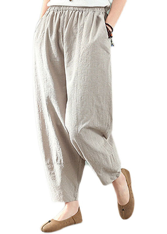 Linen Colour Elastic Waist Pockets Linen Crop Pants Summer