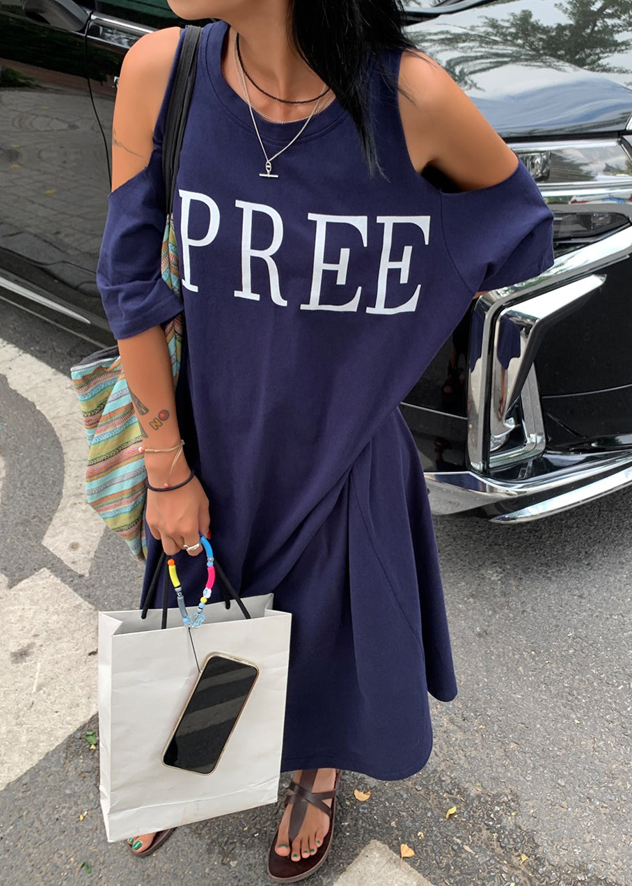 Navy Blue Graphic Cold Shoulder Holiday Maxi Dress Short Sleeve