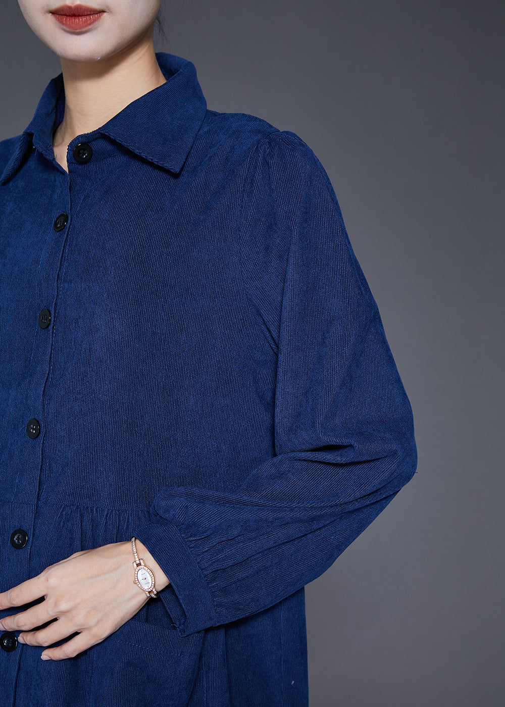 Navy Button Down Pockets Corduroy Dress Fall