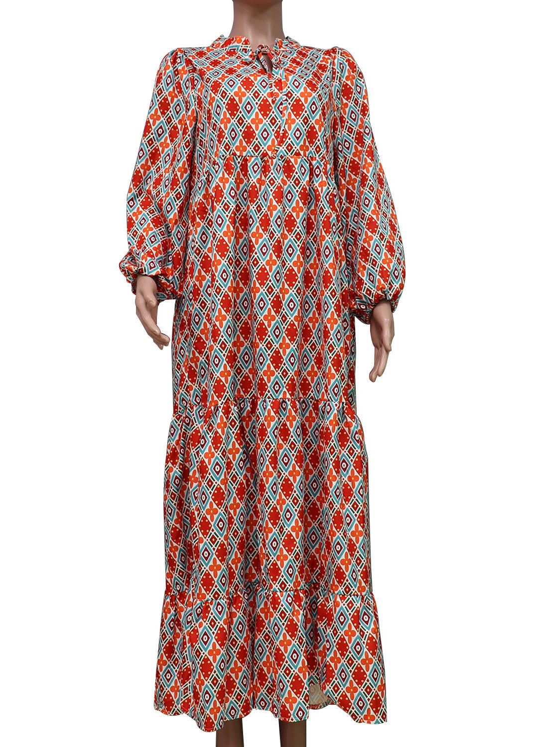 Orange Lace Up Patchwork Print Exra Large Hem Long Dresses Lantern Sleeve