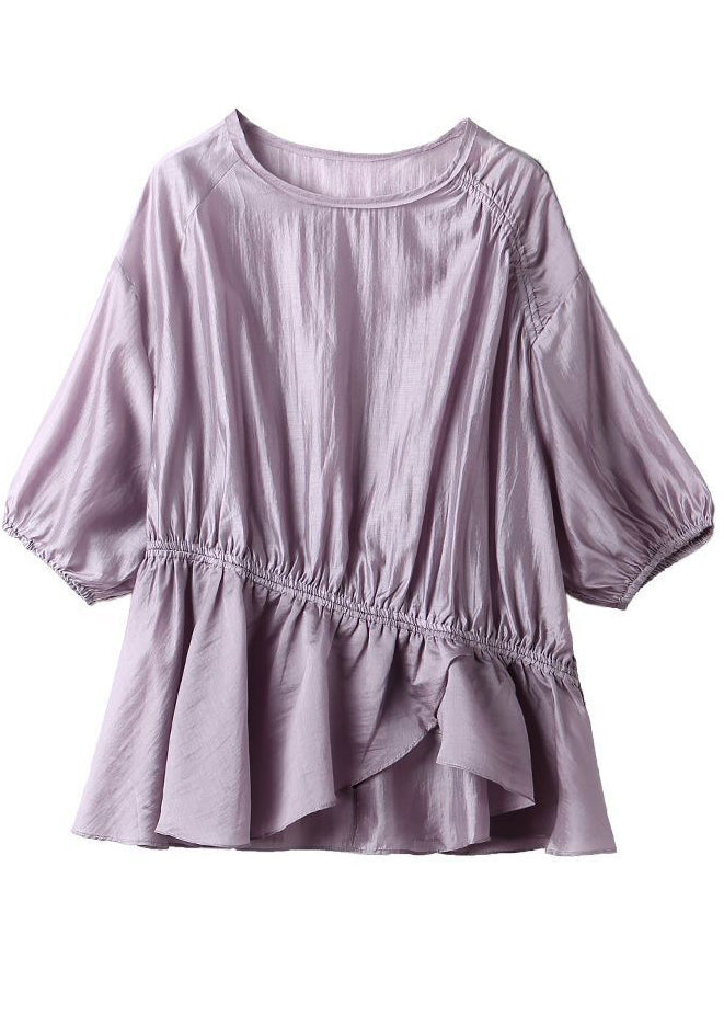 Purple Asymmetrical Drawstring Wrinkled Silk Shirt Top Summer