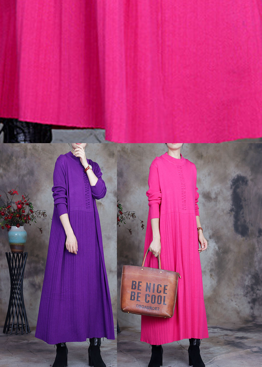 Purple O-neck Knit Sweater Dress Winter
