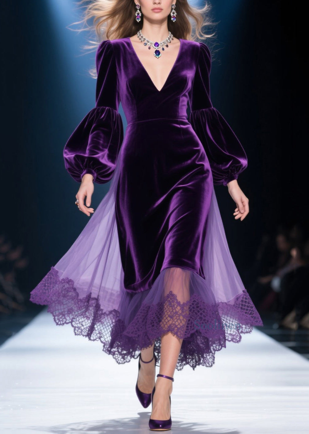 Purple V Neck Lace Tulle Patchwork Velvet Dress Spring