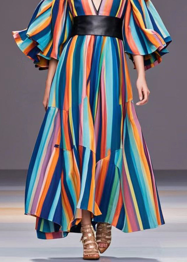 Rainbow Cold Shoulder Striped Cotton Cinched Dresses Spring