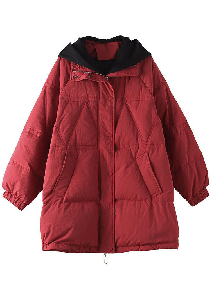 Red Hooded Patchwork Duck Down Puffers Jackets Winter