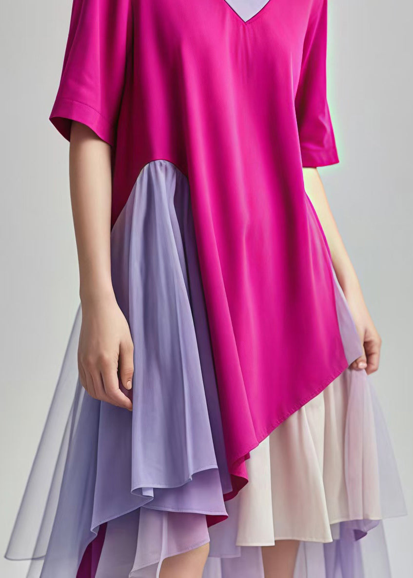 Rose V Neck Patchwork Tulle Cotton Mid Dress Summer