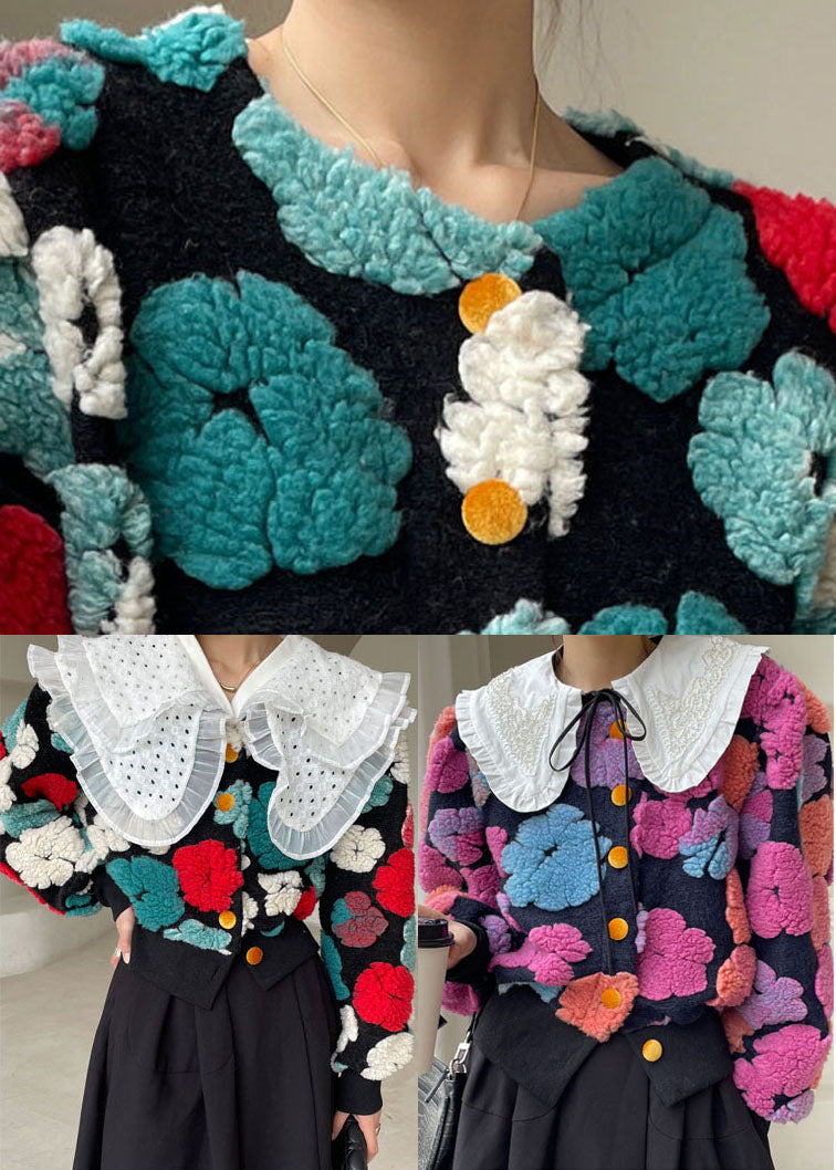 Rose Flower Button Faux Fur Winter Coat