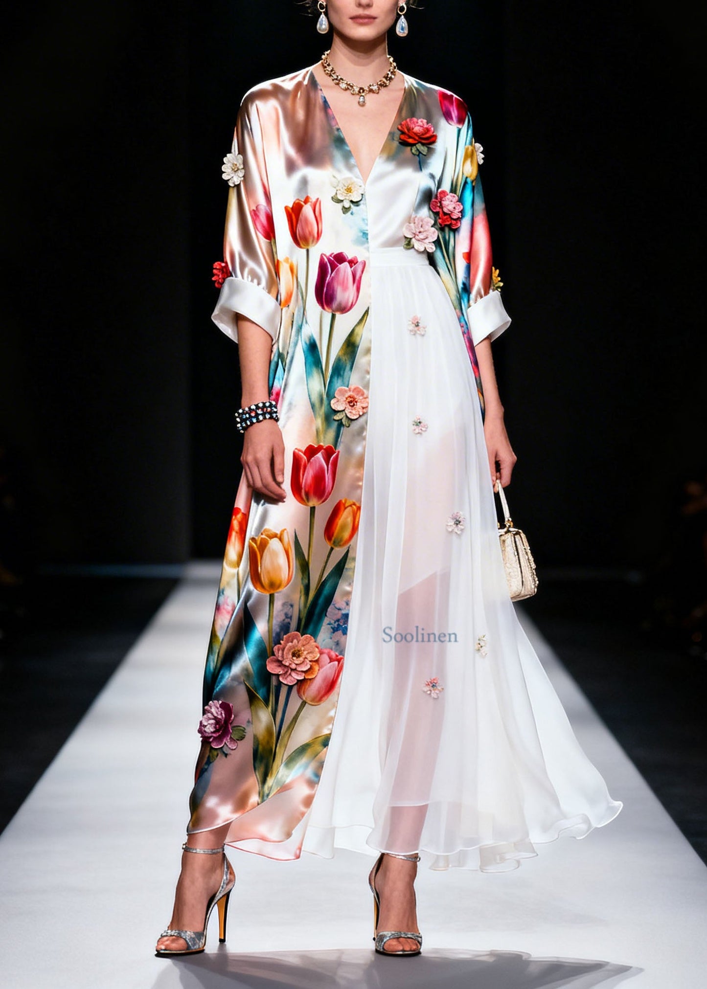 V Neck Asymmetrical Design Silk Dress Summer