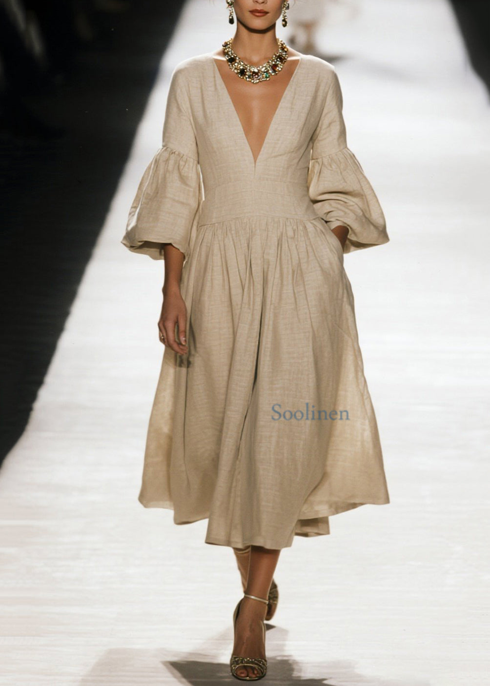 V Neck Wrinkled Patchwork Cotton Dress Spring