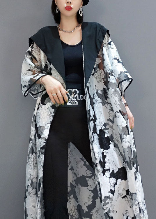 White Hooded Print Tulle Cardigans Summer