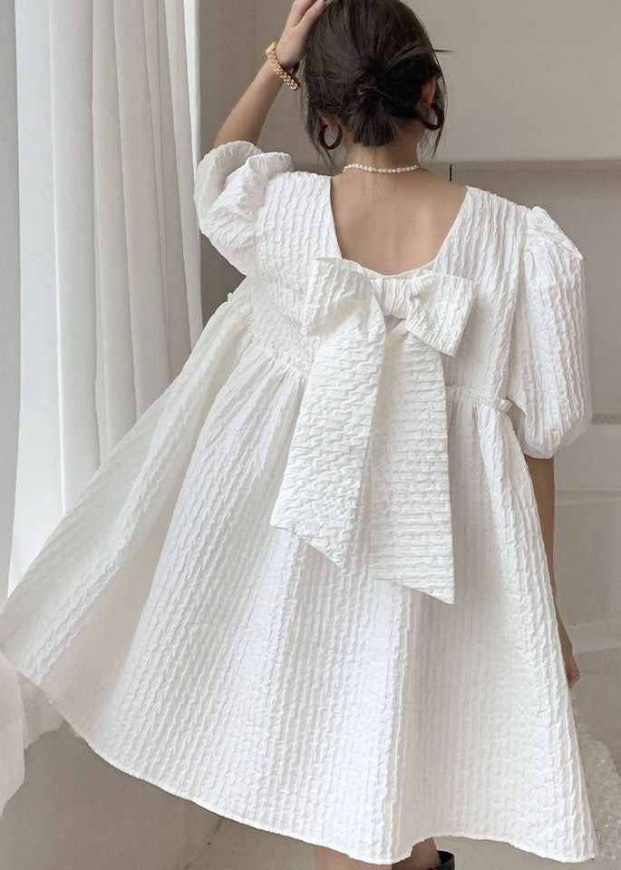 White Ruffled Bow Patchwork Cotton Vacation Dress Spring