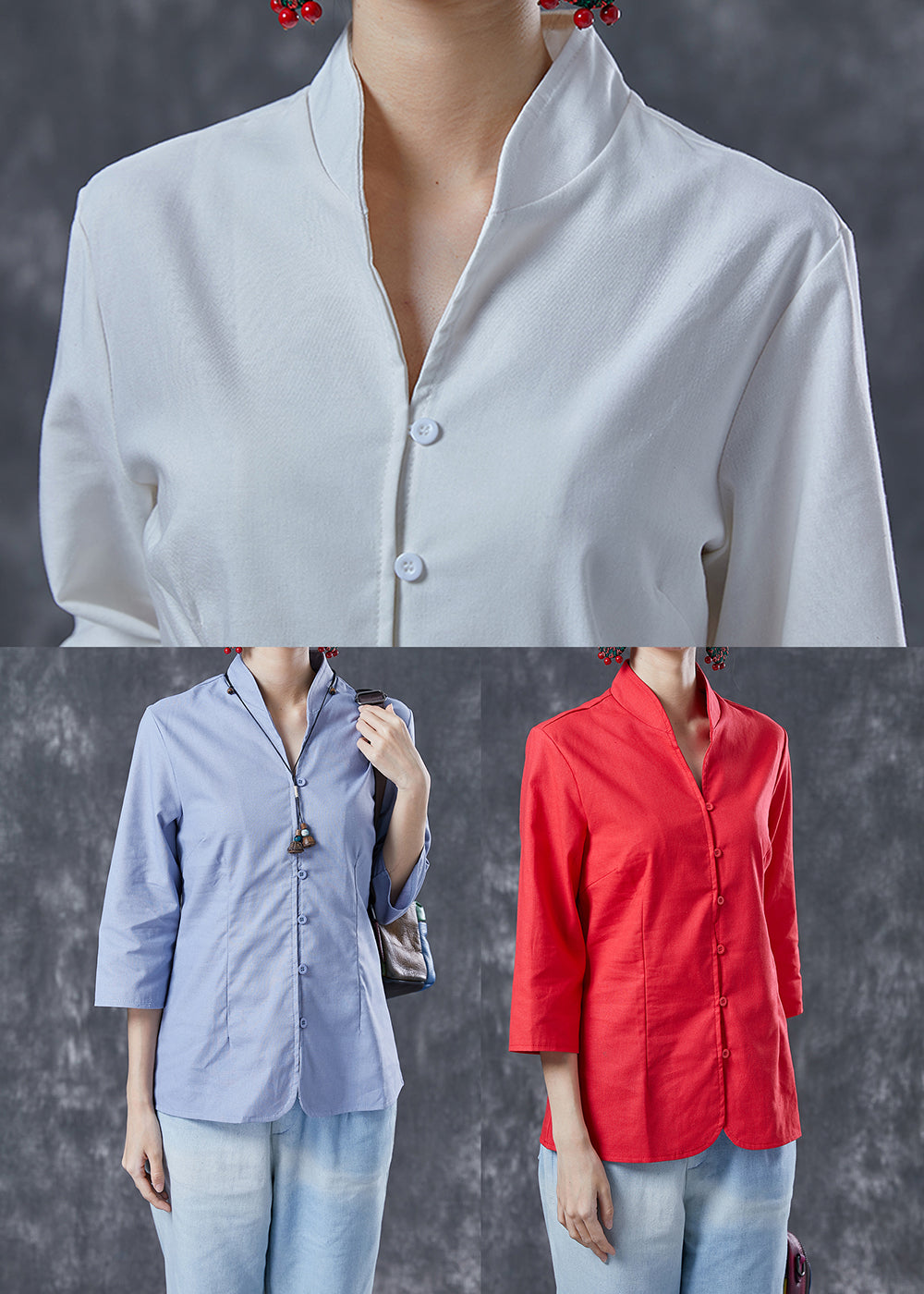 White Stand Collar Button Cotton Shirt Tops Bracelet Sleeve