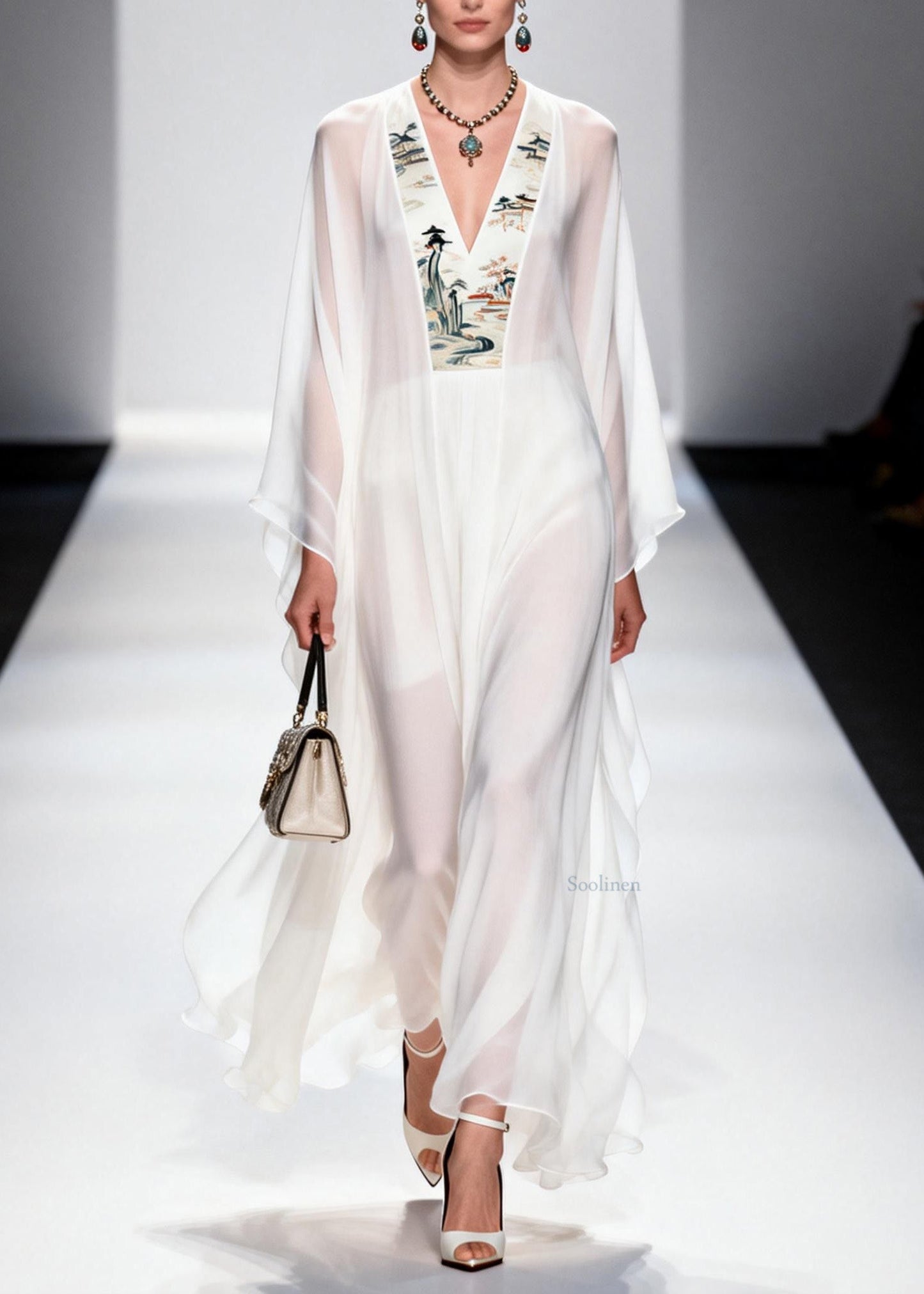 White V Neck Patchwork Chiffon Long Dresses Spring