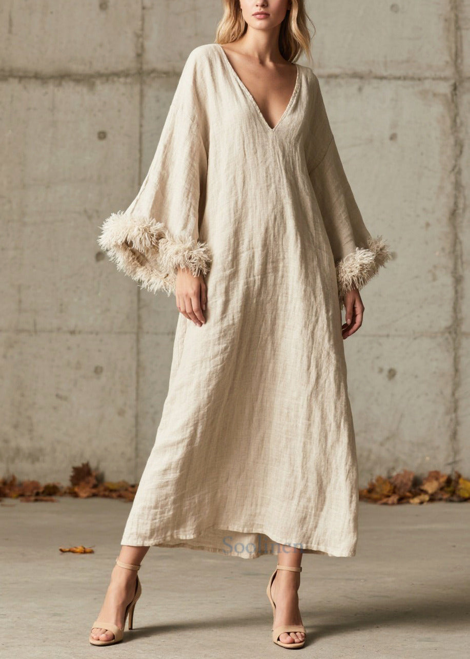 White V Neck Patchwork Faux Fur Dresses Flare Sleeve