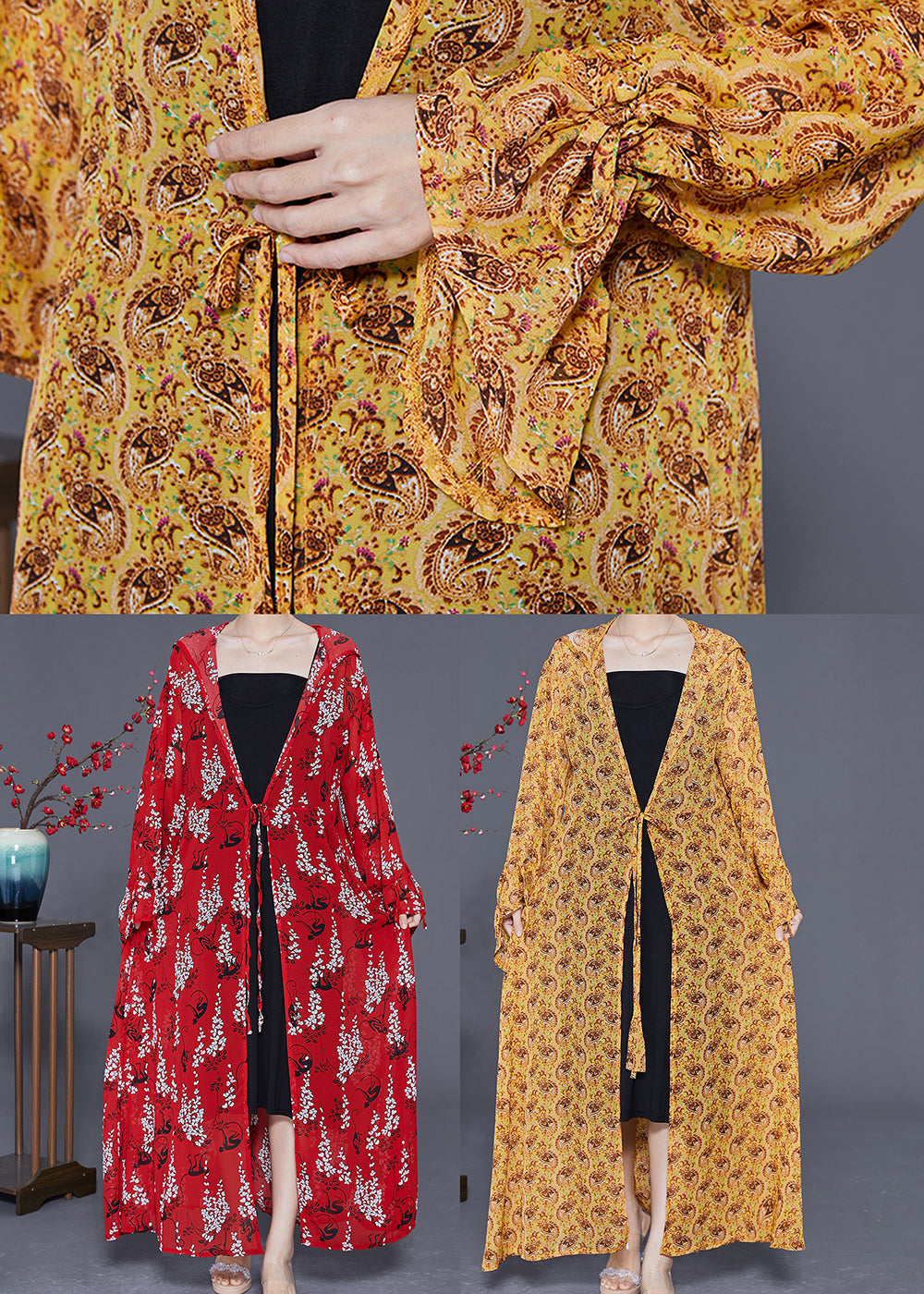 Yellow Hooded Print Chiffon Long Cardigan Summer