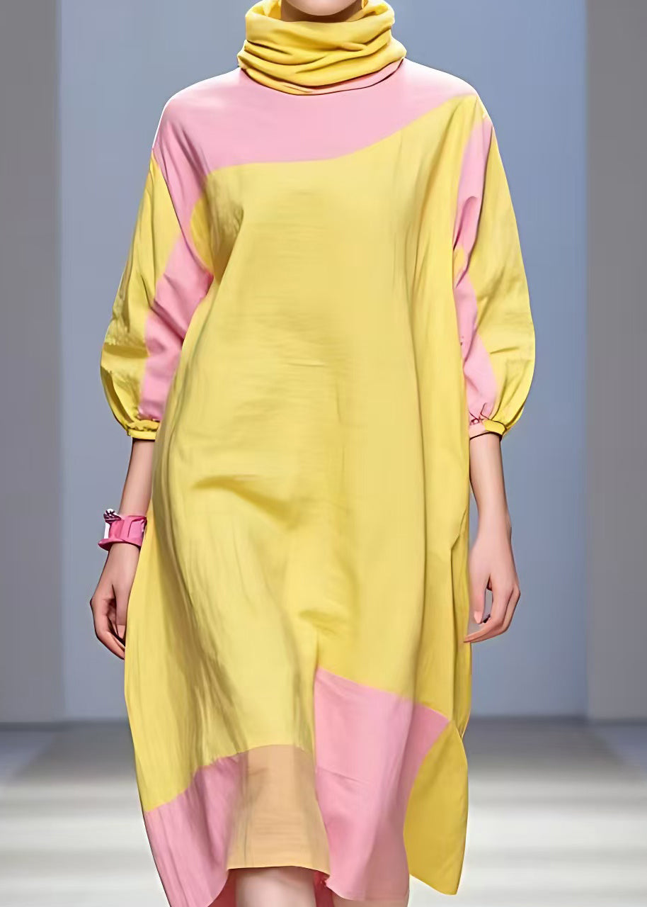 Yellow Turtleneck Patchwork Cotton Dress Half Sleeve
