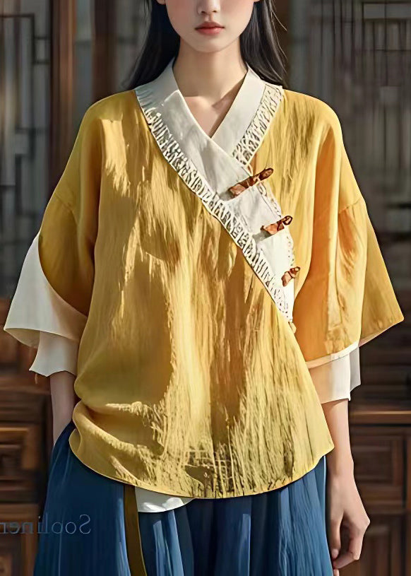 Plus Size Yellow V Neck Button Shirt Fall