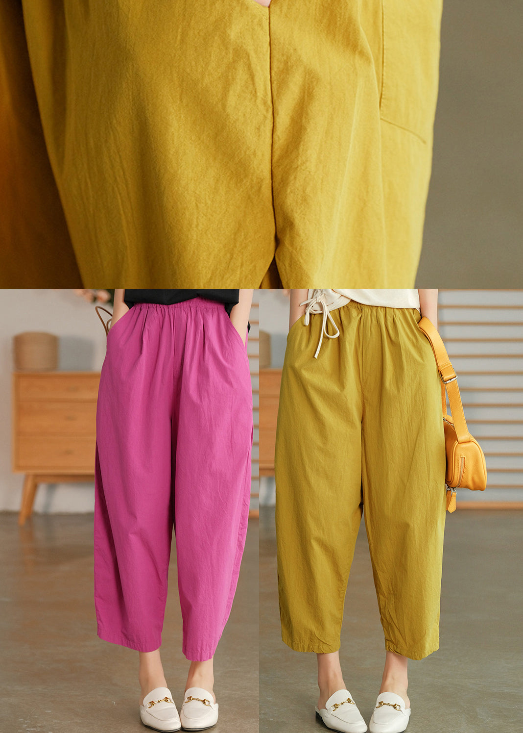 Yellow Elastic Waist Pockets Pants Spring