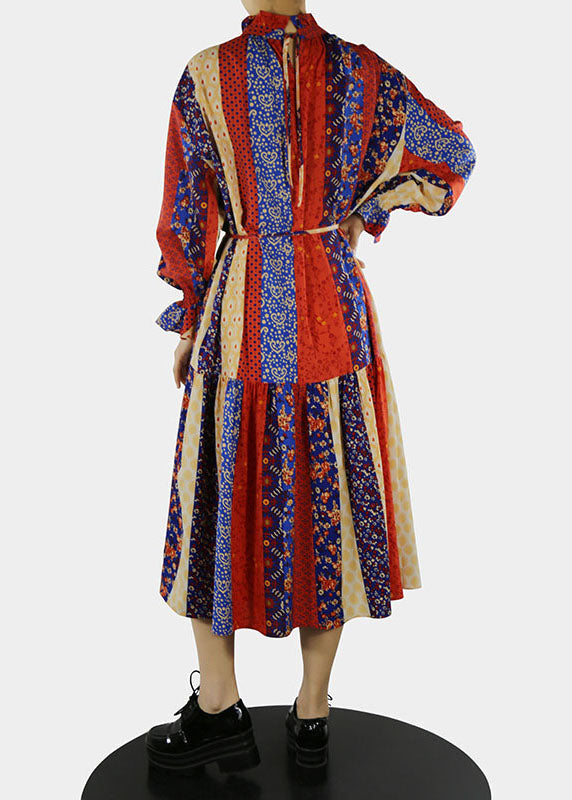 Red Stand Collar Print Long Dress Petal Sleeve