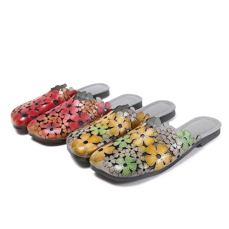 Red Cowhide Leather Hollow Out Slide Sandals