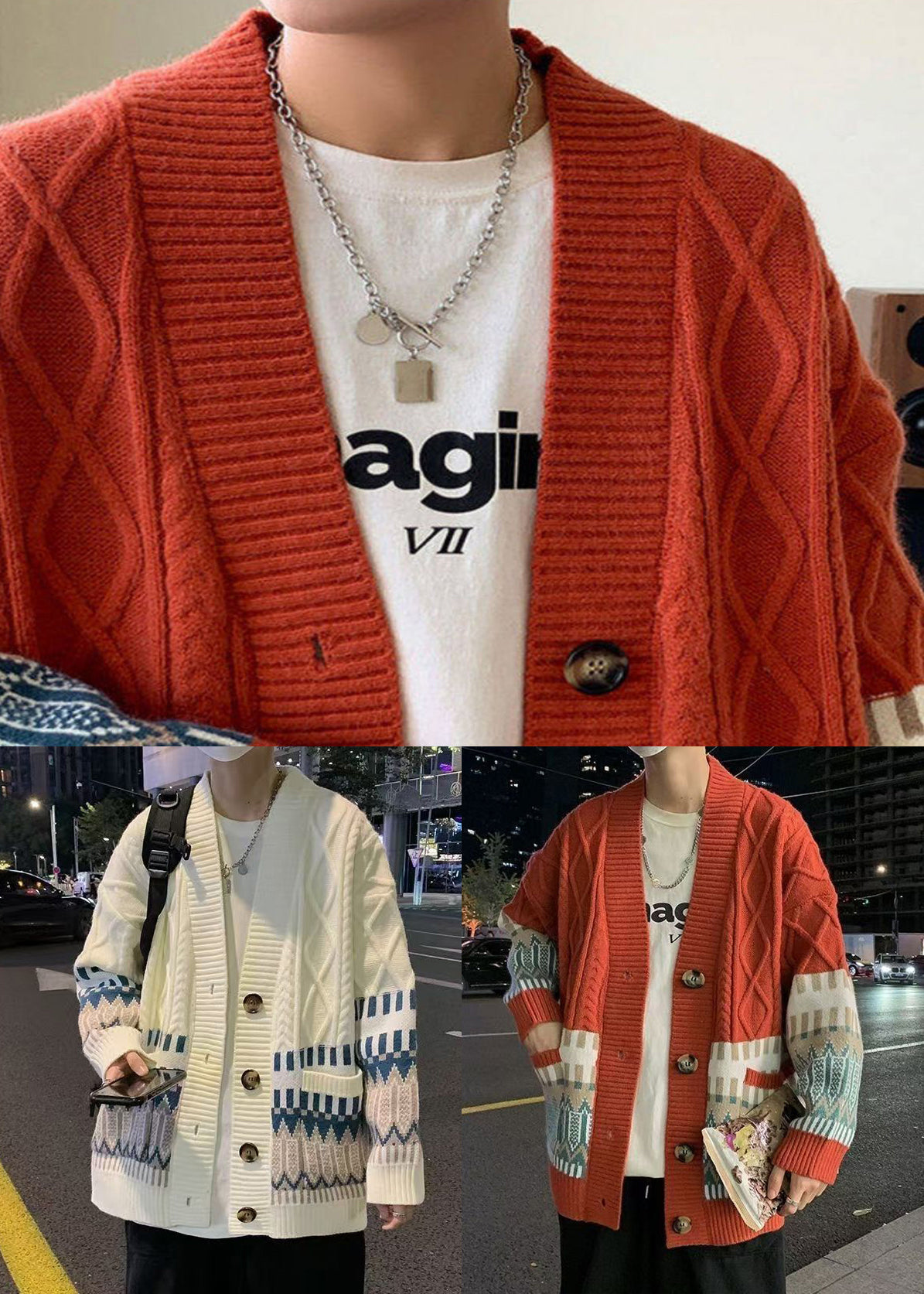 Red Geometric Cozy Knitted Cotton Winter Coats V Neck