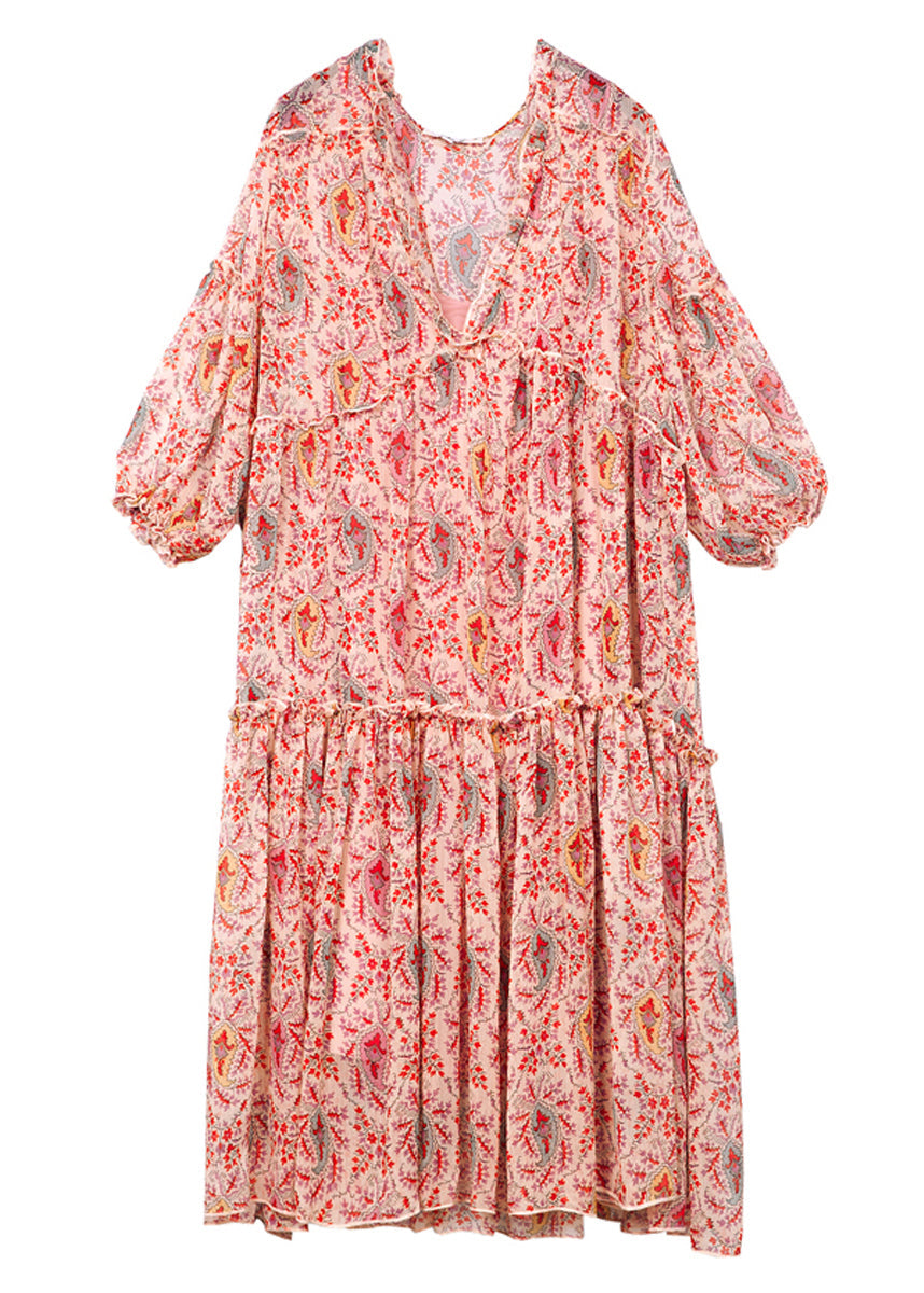 Red Print Chiffon a Line Dresses V Neck Lantern Sleeve