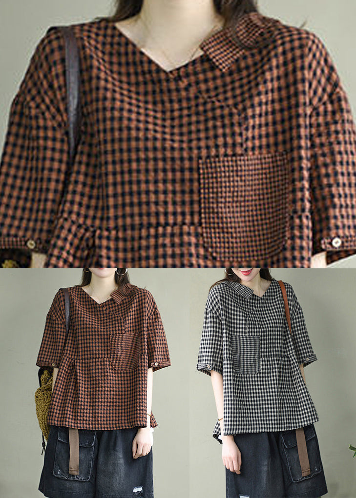 Red Pocket Patchwork Loose Linen Shirts Top Wrinkled Short Sleeve