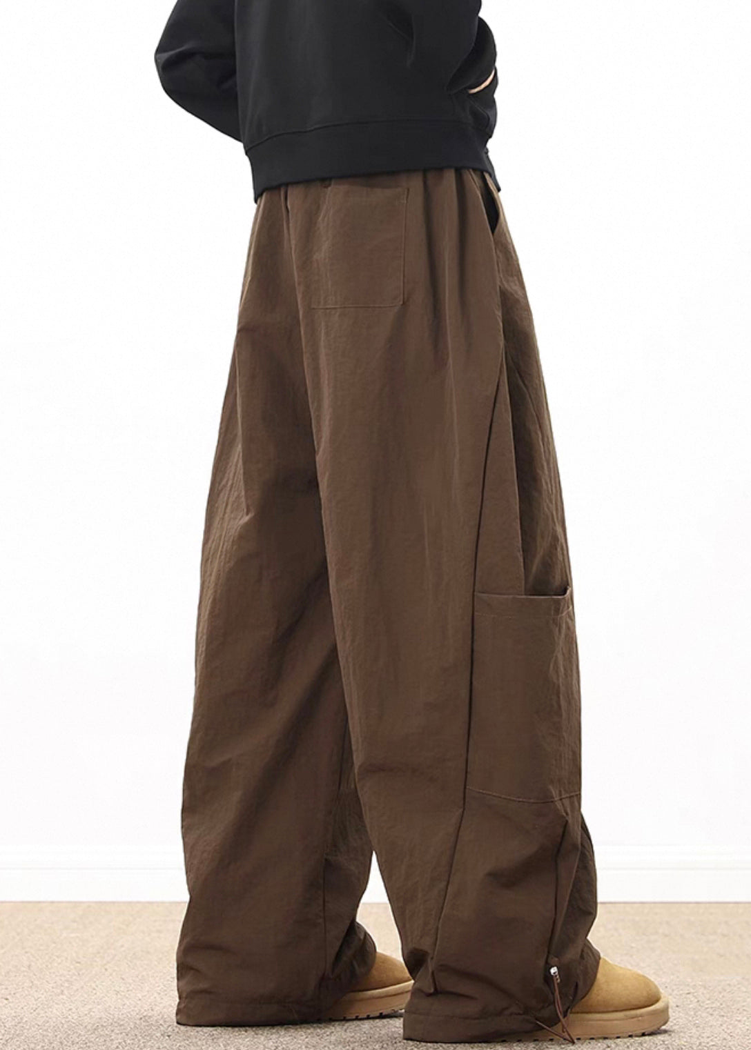 Retro Coffee Pockets Drawstring Elastic Waist Cotton Wide Leg Pants Spring