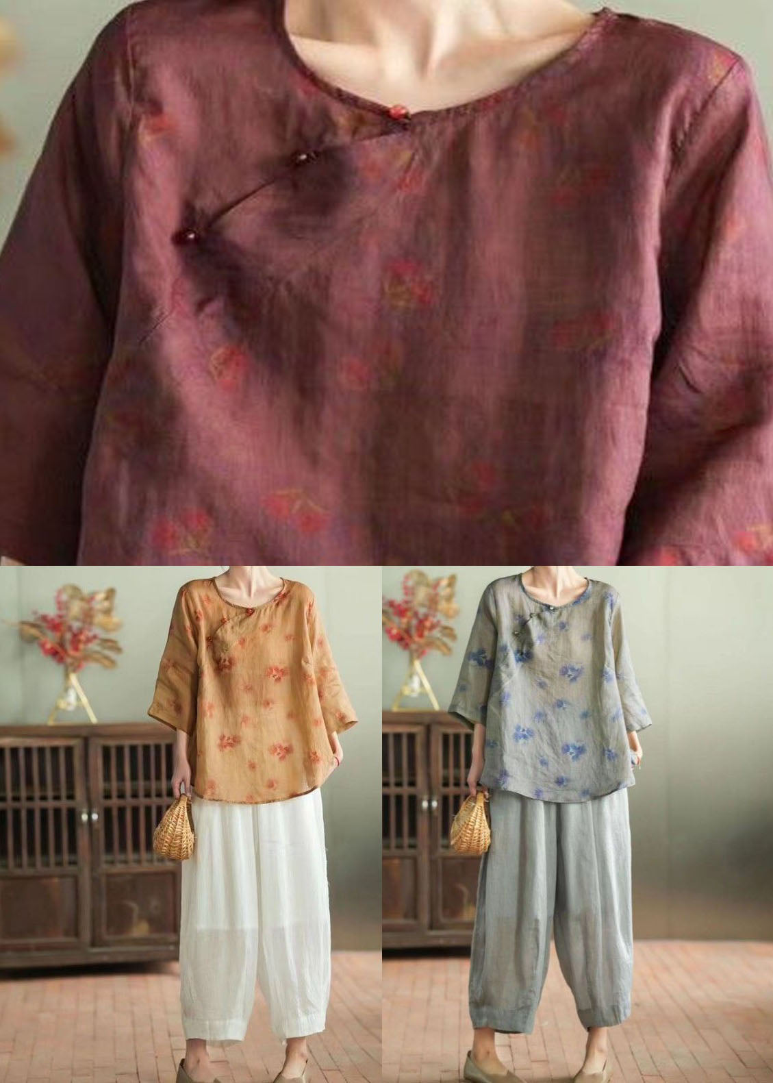 Retro Wine Red Print Tops and Pants Patchwork Linen Two Pieces Set Summer