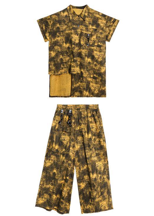 Retro Big Yards Female Yellow Shirt Printing Wide Leg Pants Two Pieces