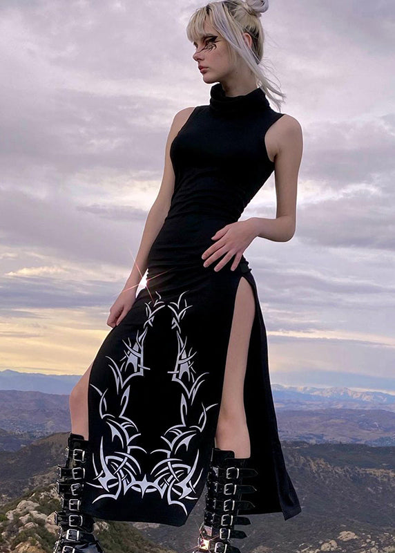 Black Turtleneck Print Side Open Cotton Robe Long Dresses Sleeveless
