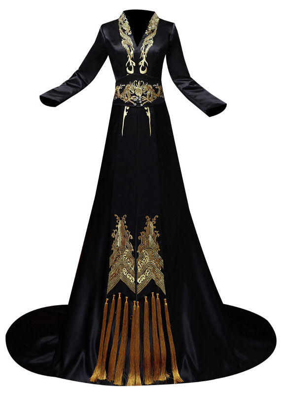 Black V Neck Embroidered Silk Maxi Dress Long Sleeve