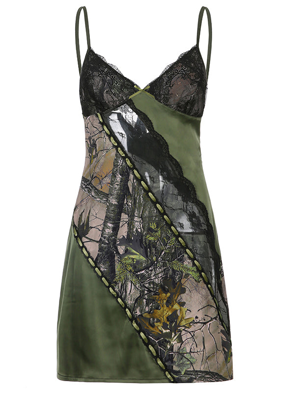 Green Backless Print Lace Patchwork Spaghetti Strap Mid Dress Sleeveless