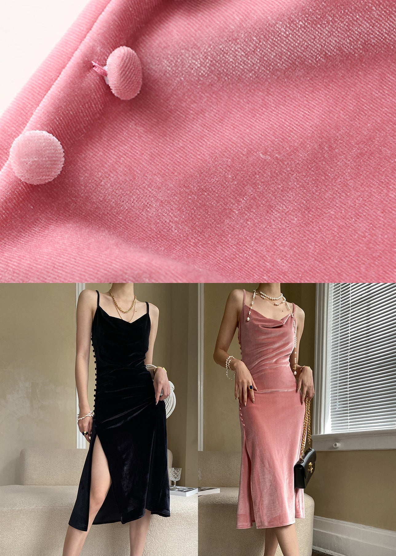 Pink Button Side Open Silk Velvet Spaghetti Strap Dress Sleeveless