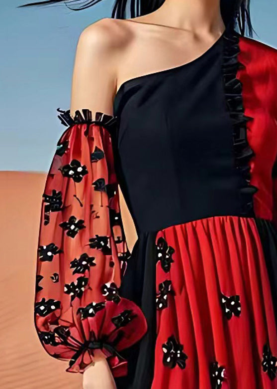 Red Cold Shoulder Print Patchwork Chiffon Maxi Dress Summer