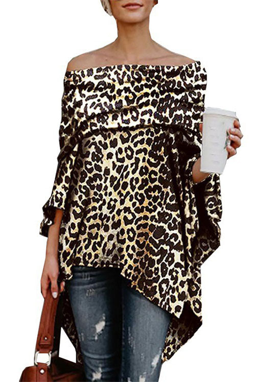 Slash Neck Asymmetrical Design Off the Shoulder Leopard Print Top Summer