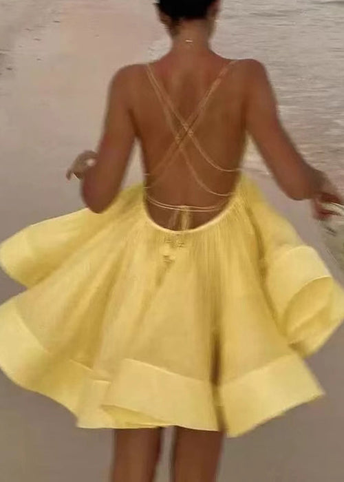 Yellow Backless Lace Up Cotton Dresses Sleeveless