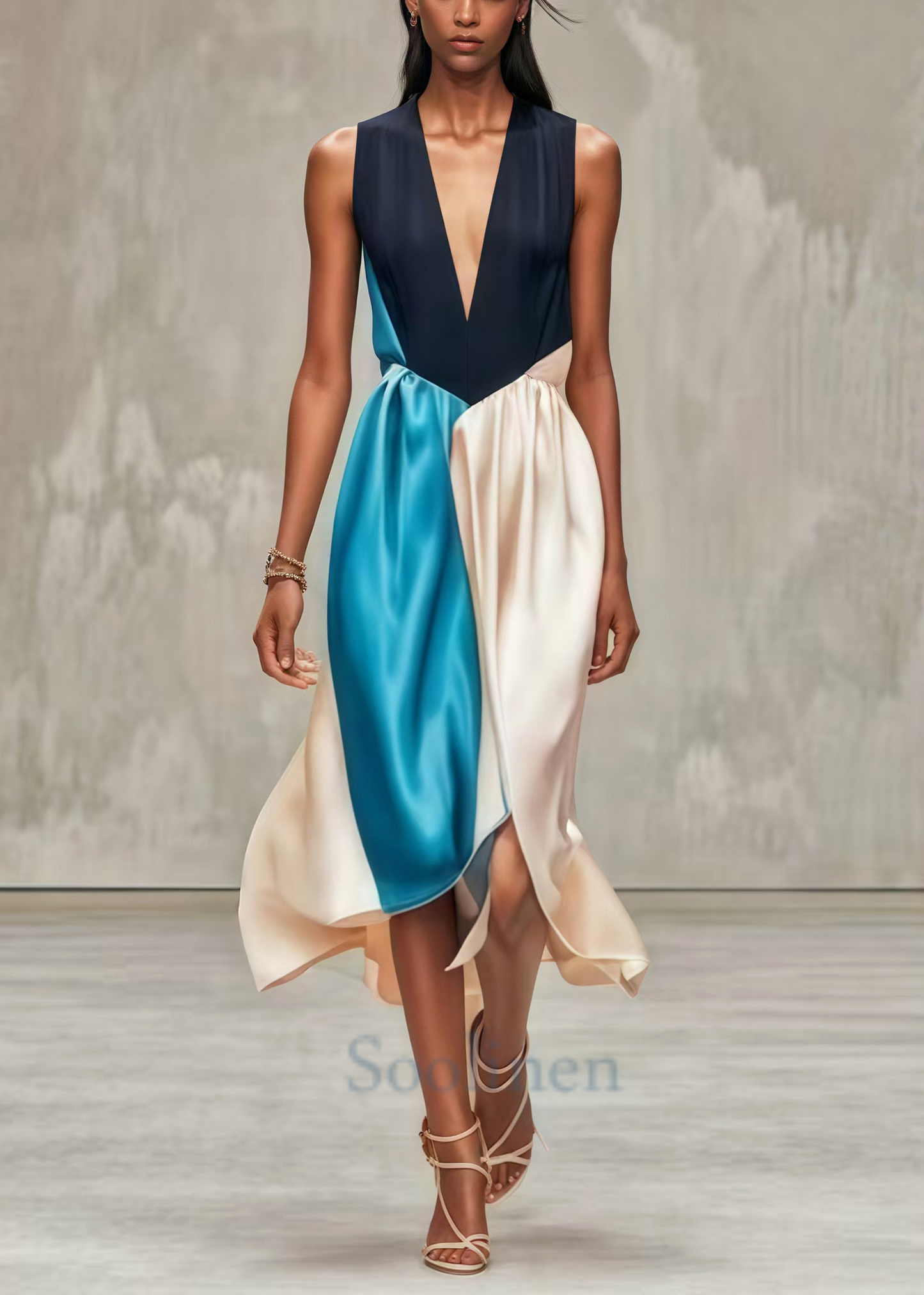Silm Fit V Neck Patchwork Silk Tea Dresses Summer