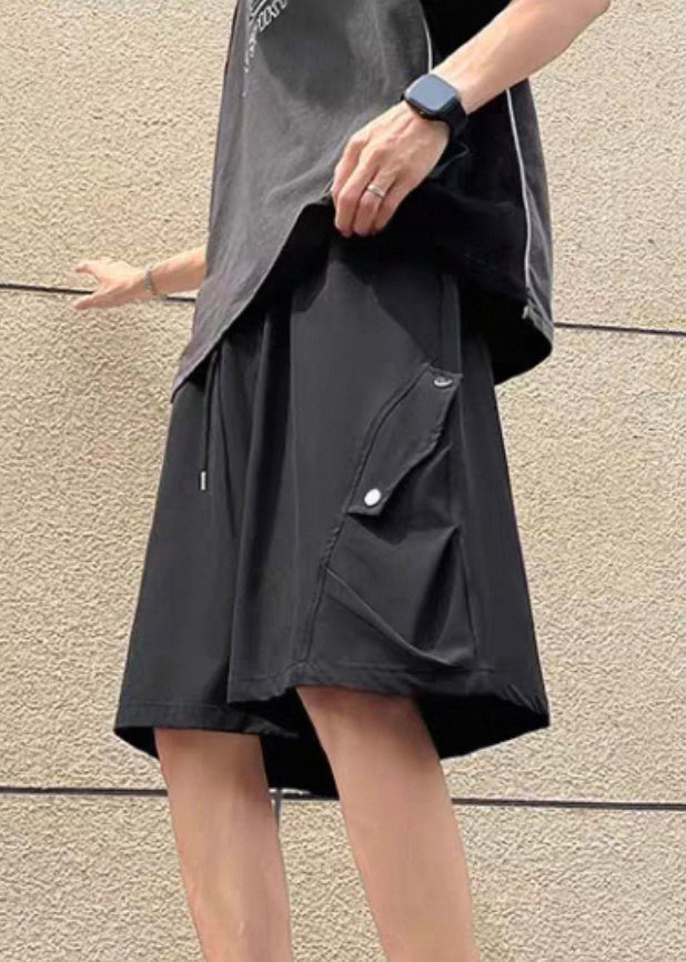 Simple Black Pockets Drawstring Ice Silk Shorts Summer