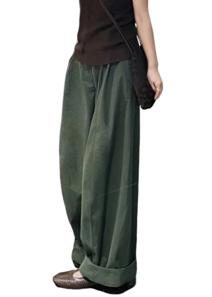 Simple Green Pockets High Waist Cotton Wide Leg Pants Spring