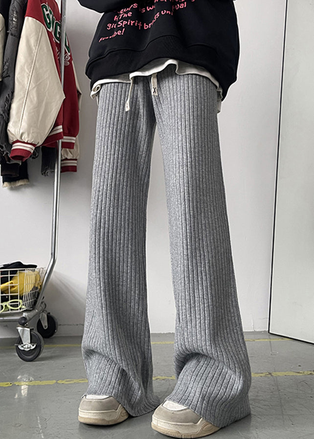 Simple Grey Lace Up Warm Fleece Flare Bottoms Pants Spring