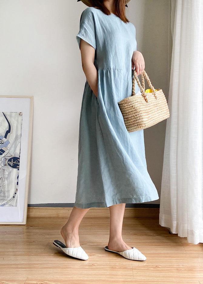 Simple Light Blue O-neck Cinched Linen Blouse Tops Short Sleeve