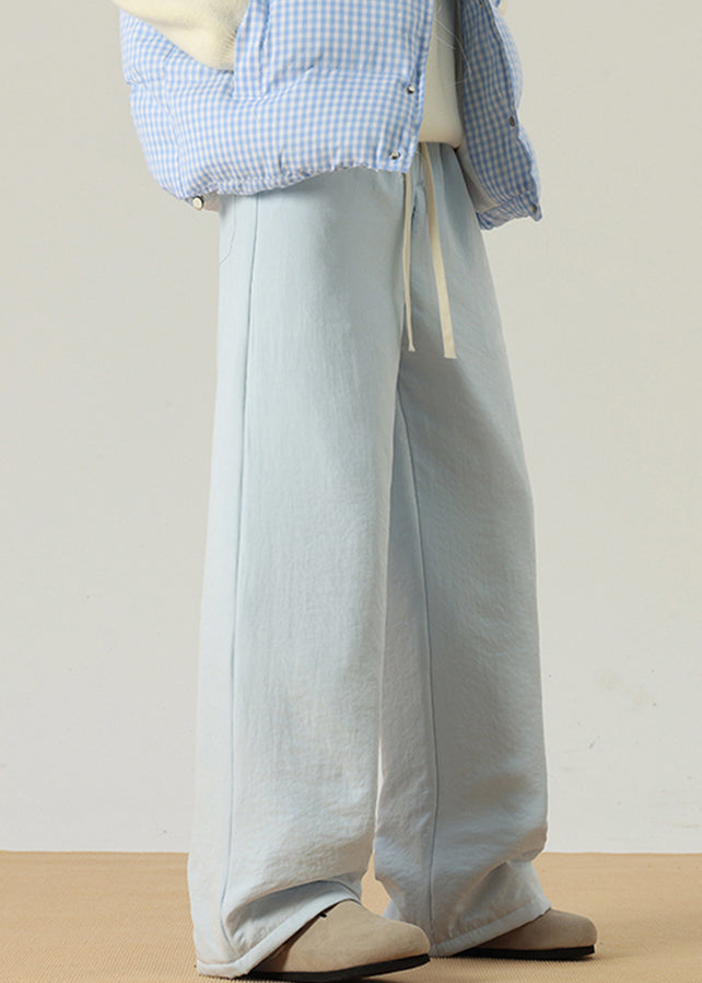 Simple Light Blue Pockets Cotton Filled Pants Winter