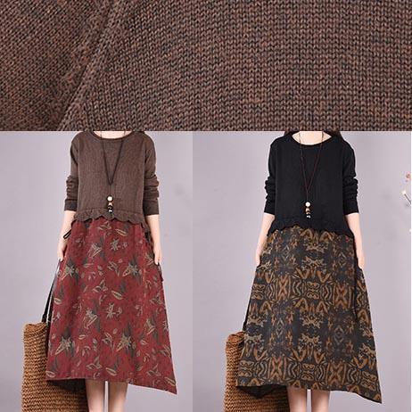 Simple O Neck Spring Quilting Clothes Outfits Black Patchwork Print Maxi Dress