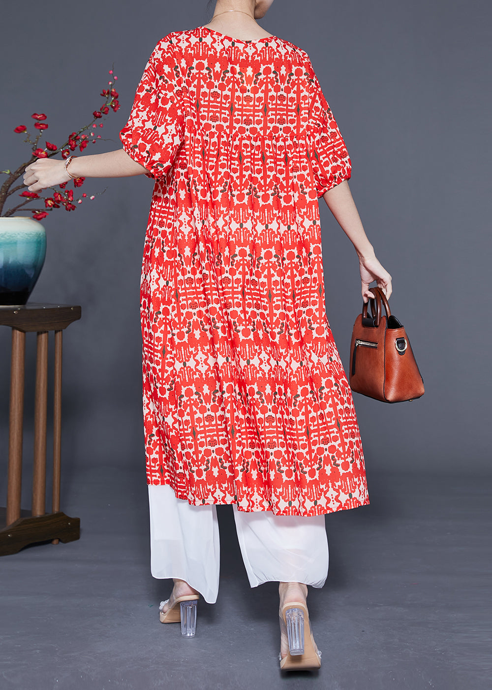 Simple Red O-neck Ruffled Print Silk Holiday Dress Summer