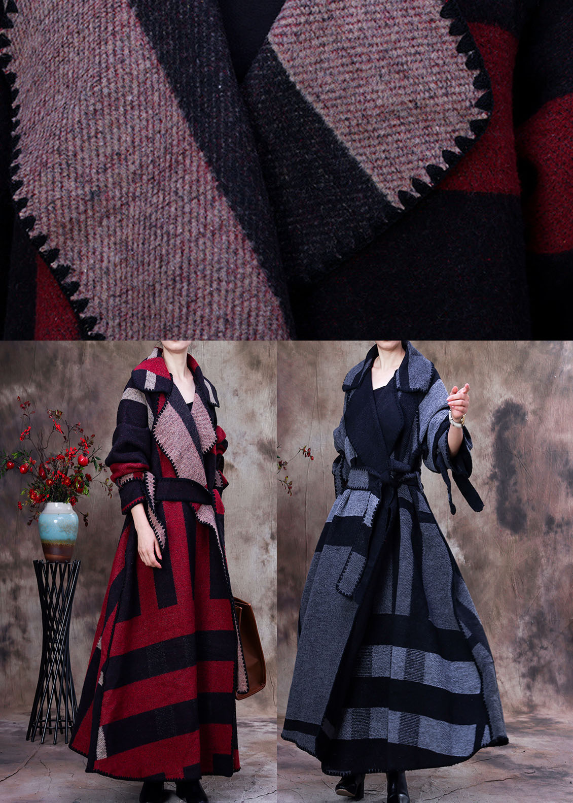 Simple Red Peterpan Collar Plaid Tie Waist Winter Woolen Long Sleeve Trench Coats